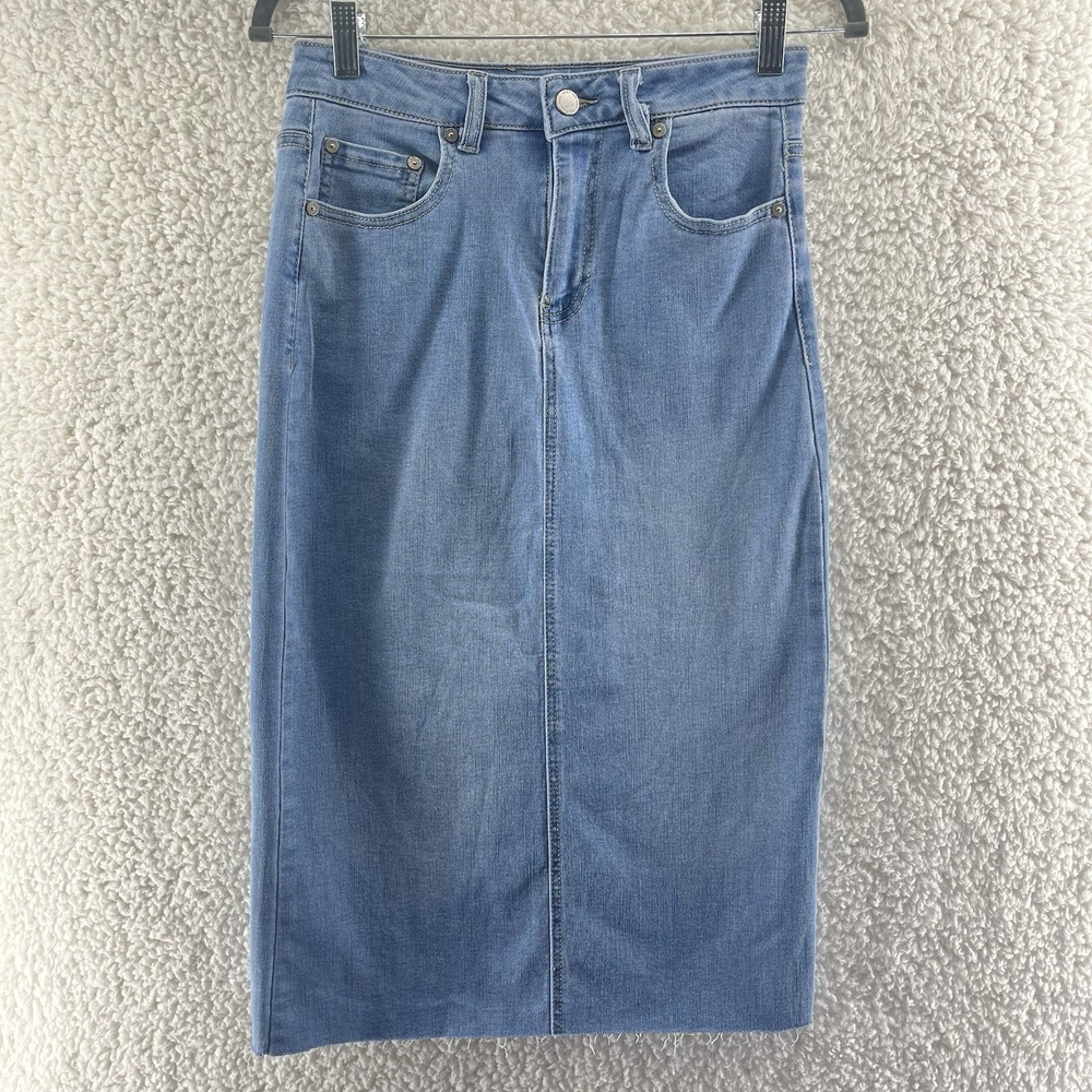 OAT New York Denim Midi Skirt Size 2 Light Wash Raw Hem Back Slit Modest